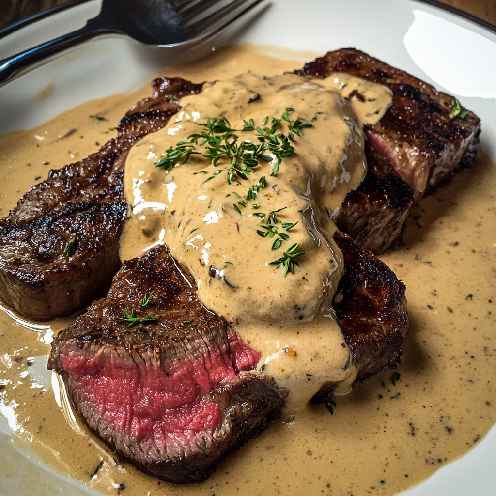 Steak with Bourbon Garlic Cream Sauce - skilledcooks