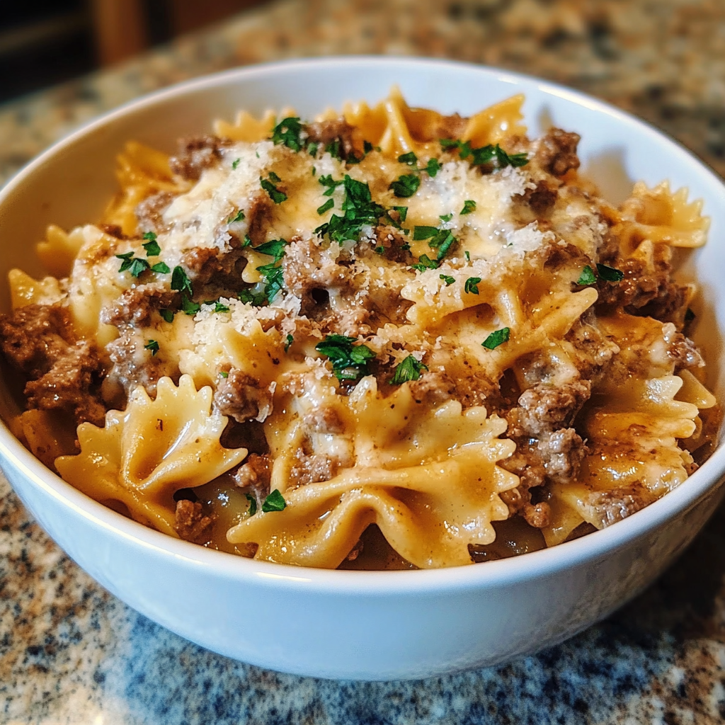 Cheesy Beef and Bowtie Pasta in Garlic Butter

